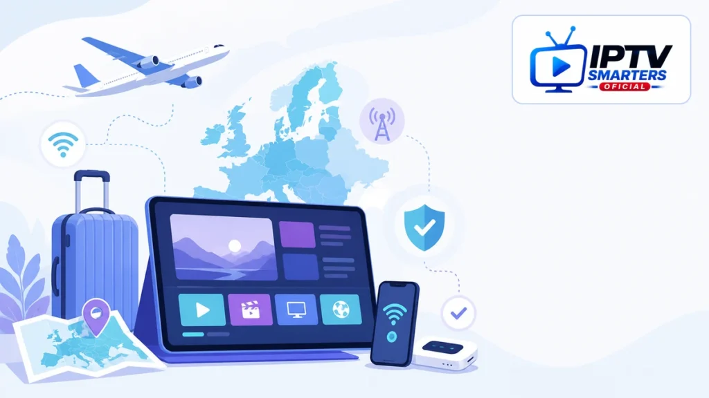 IPTV español extranjero con móvil, maleta, mapa y conexión segura