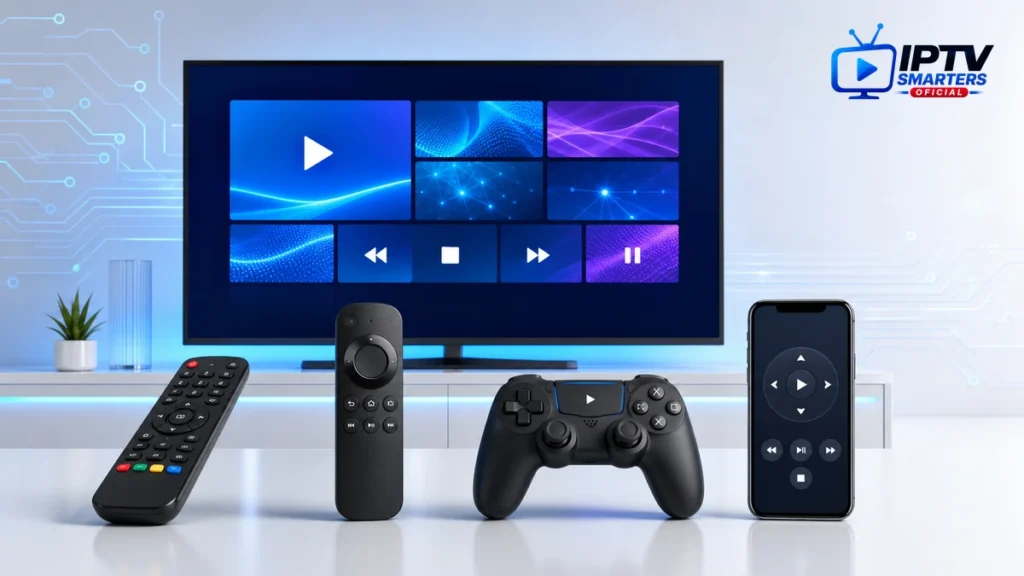 IPTV Smarters Pro mando con controles de televisión, box, gamepad y móvil
