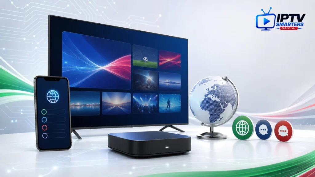 IPTV Smarters Pro portugues con televisión, móvil, box e iconos de idioma