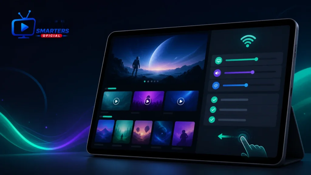 IPTV Smarters Pro tablet Android con configuración y pantalla dividida