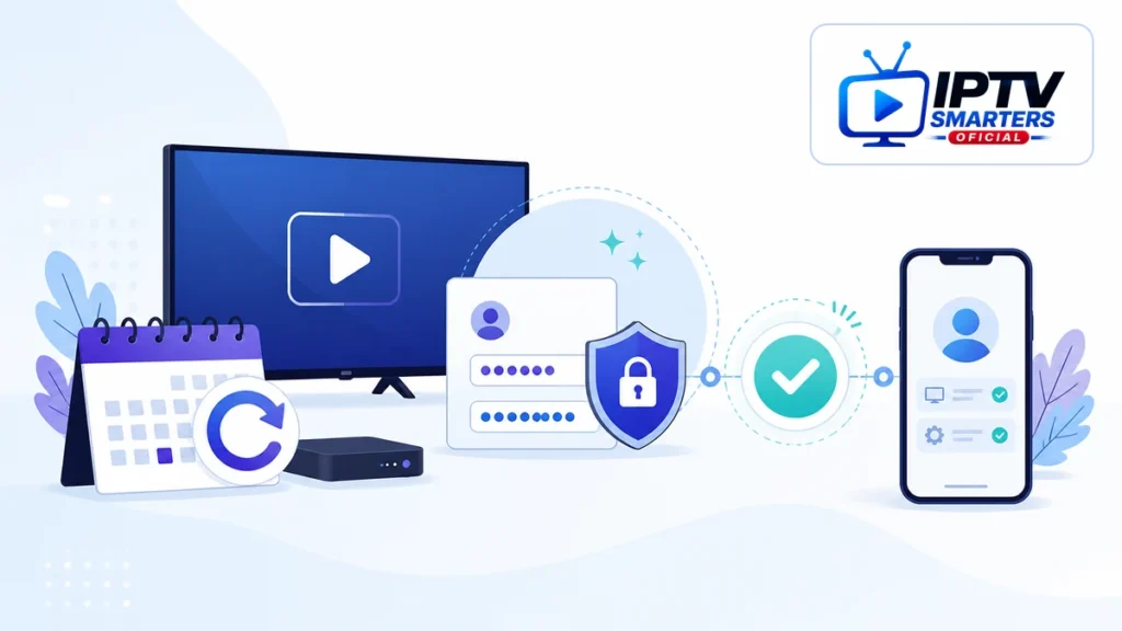Renovación IPTV segura con calendario, credenciales protegidas y confirmación